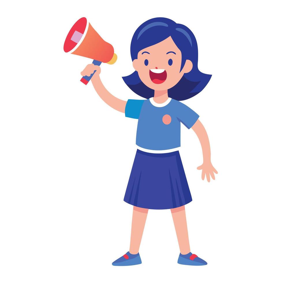 Cartoon Girl Holding Loudspeaker, Expressive Illustration of a Young Announcer, Cheerful Presentation vector