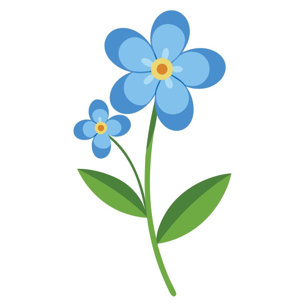 Blue ForgetMeNot Flowers Illustration with Green Stem and Leaves on White Background vector