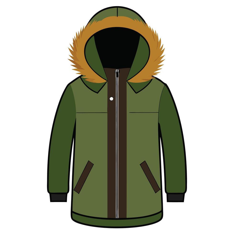 Olive Green Winter Parka with Furry Hood, Zippered Front and Pockets Illustration vector