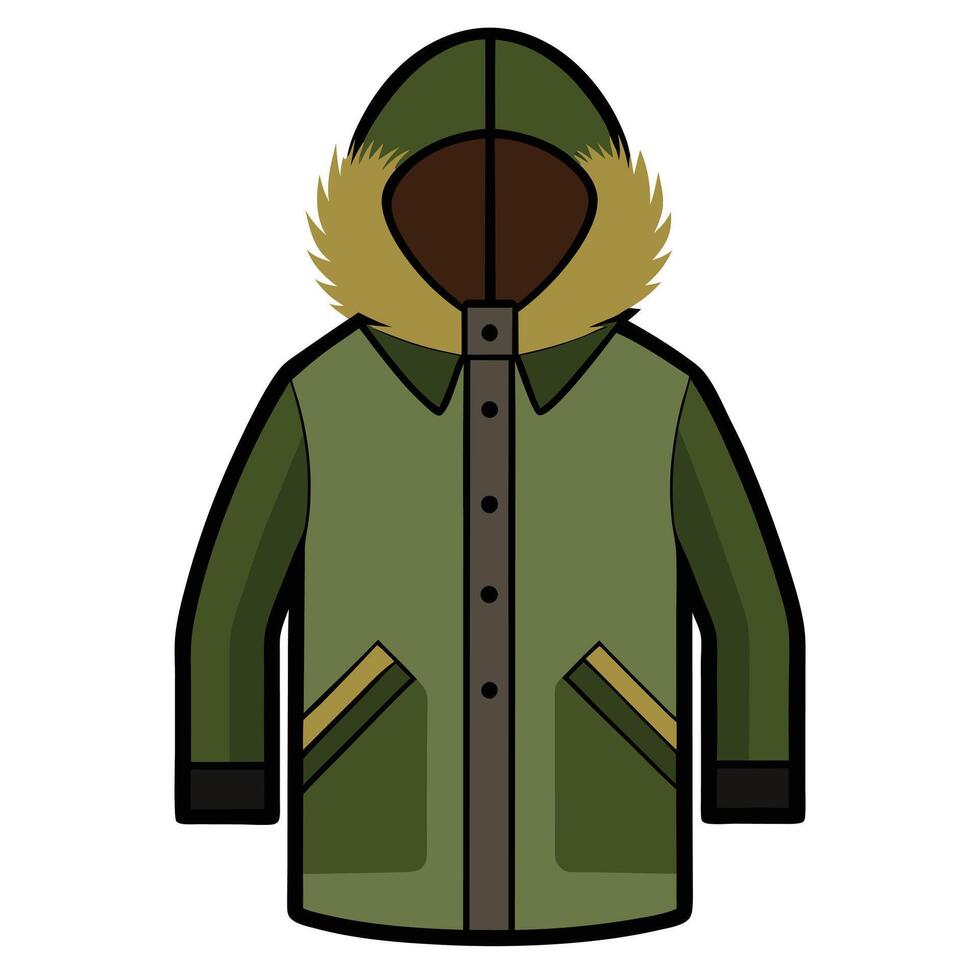 Green Winter Parka Coat with FurLined Hood and Button Closure Illustration vector