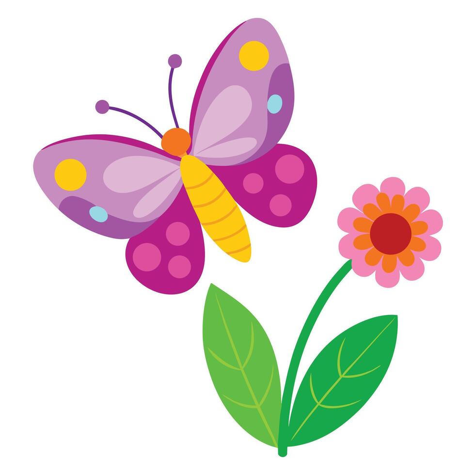 Cheerful Butterfly with Pink Flower Illustration, Cute Insect and Plant Design vector