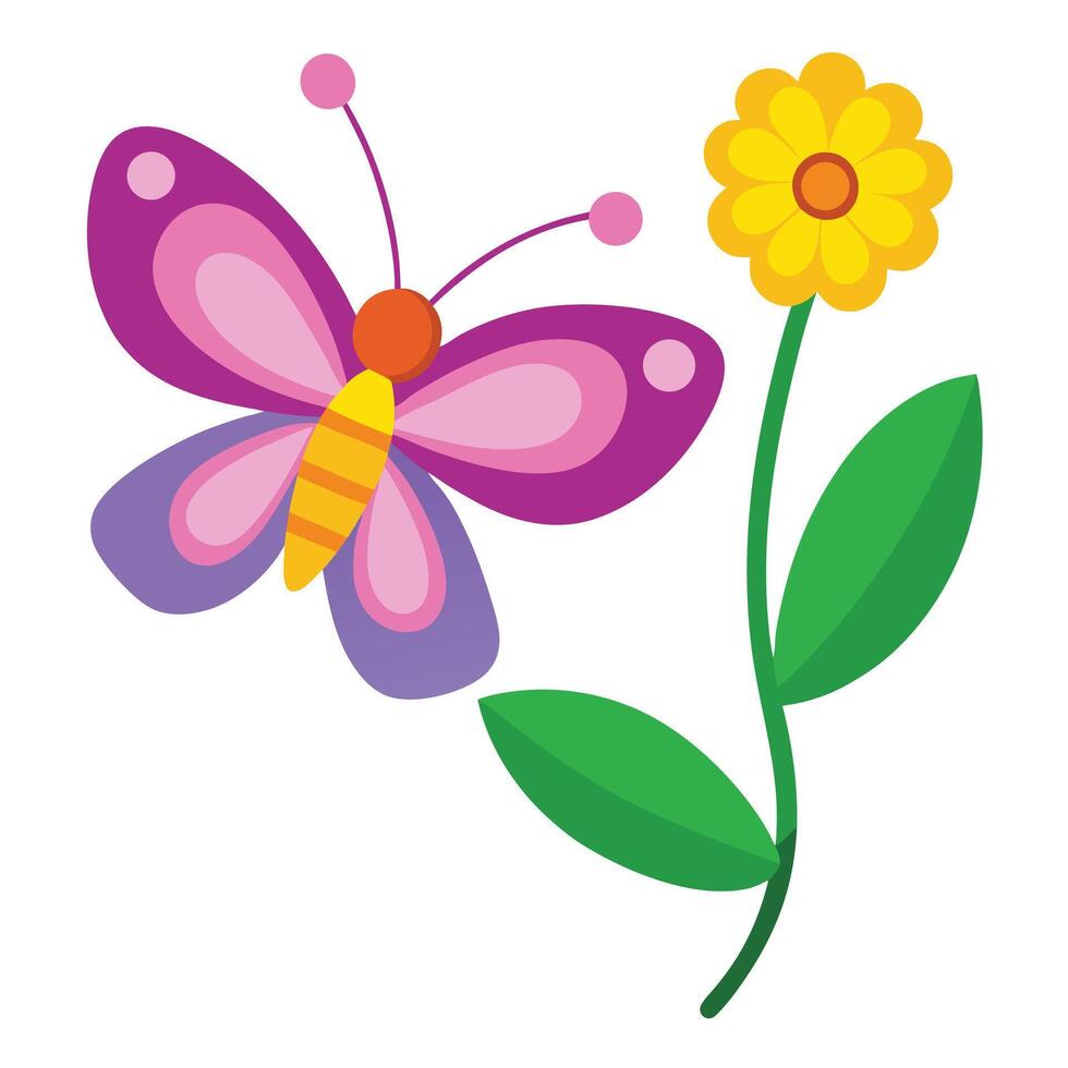 Playful Purple Butterfly Fluttering Near a Bright Yellow Daisy with Green Leaves vector