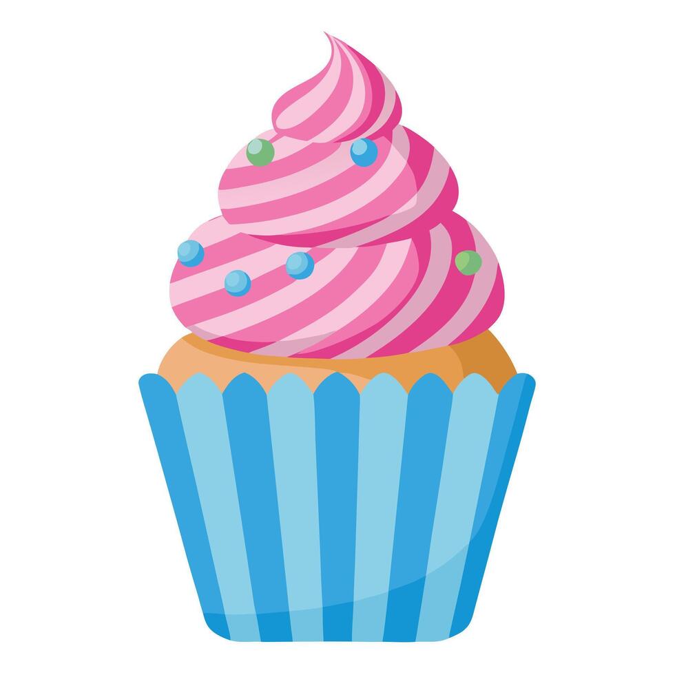 Cartoon Cupcake with Pink Swirl Frosting and Blue Striped Wrapper Illustration vector