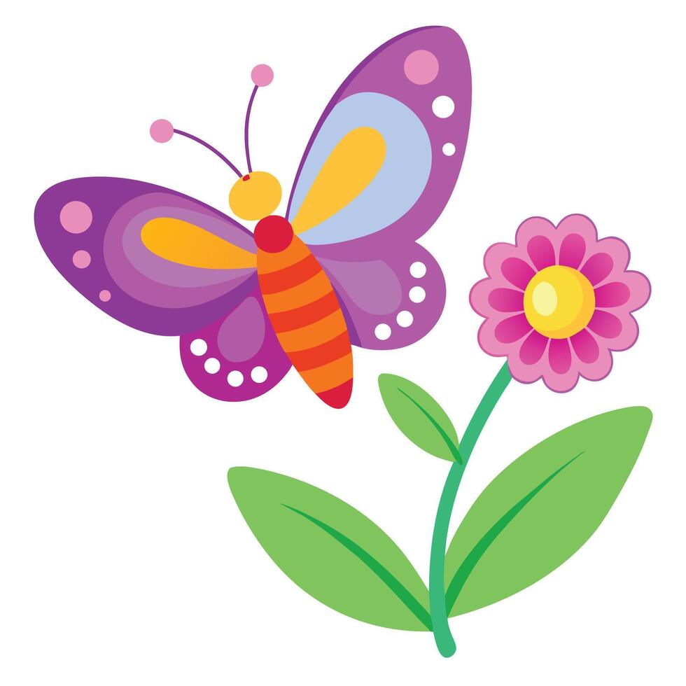 Cartoon Butterfly with Striped Body Hovering Near Pink Flower and Green Leaves Illustration vector