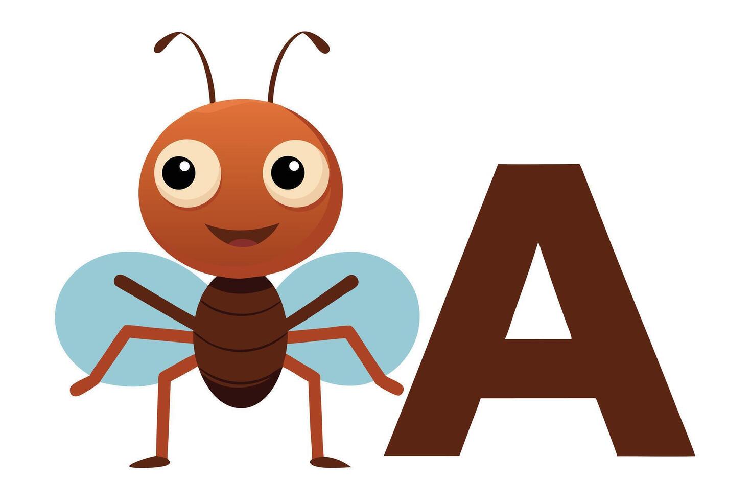 Cartoonish Ant Character with Wings Beside Brown Letter A on White Background vector
