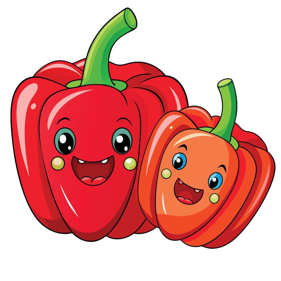 Cartoon of Two Happy Red Peppers with Funny Faces on Isolated Background vector