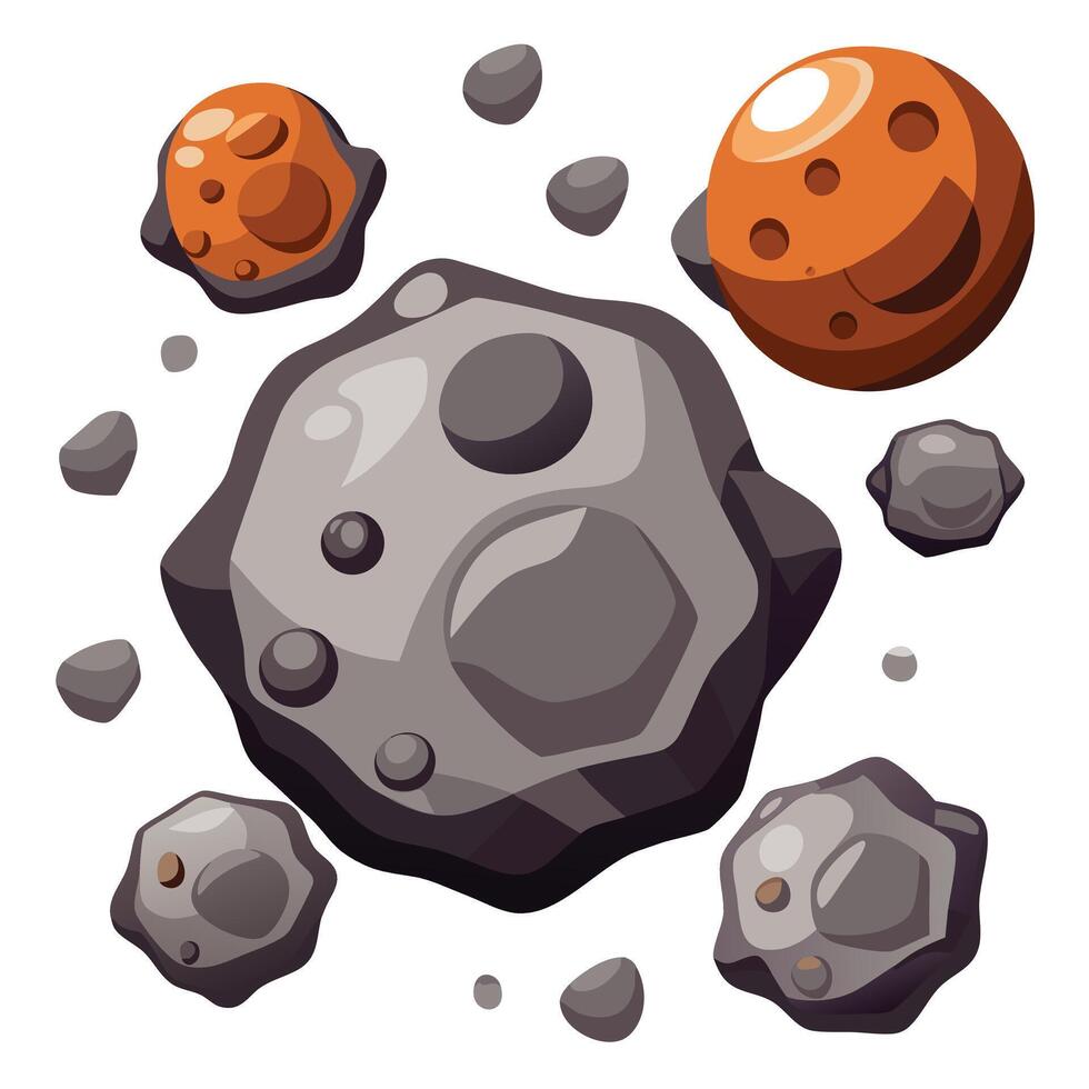 Cartoon Asteroids and Space Rocks Floating Around, Two Are Orange, Background Is Clean vector