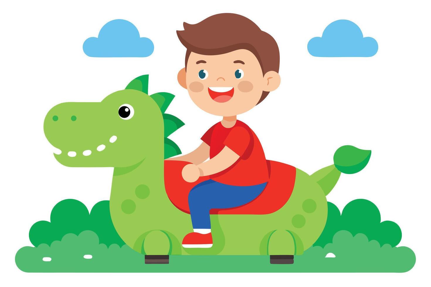 Boy Riding a Green Cartoon Dinosaur Spring Rider Under Blue Clouds vector