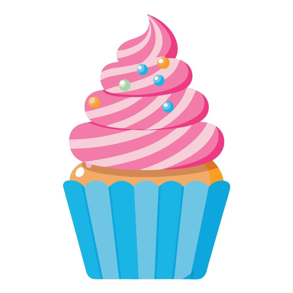 Cartoon Cupcake with Pink Striped Frosting and Sprinkles in a Blue Wrapper vector