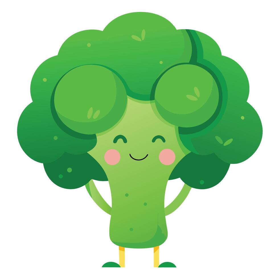 Cute Cartoon Broccoli Character with Happy Face Standing on White Background vector