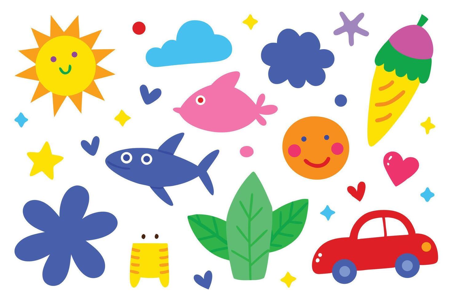 Playful Cartoon Elements Sun, Clouds, Fish, Car, Plant Life, Smiley Faces and More vector