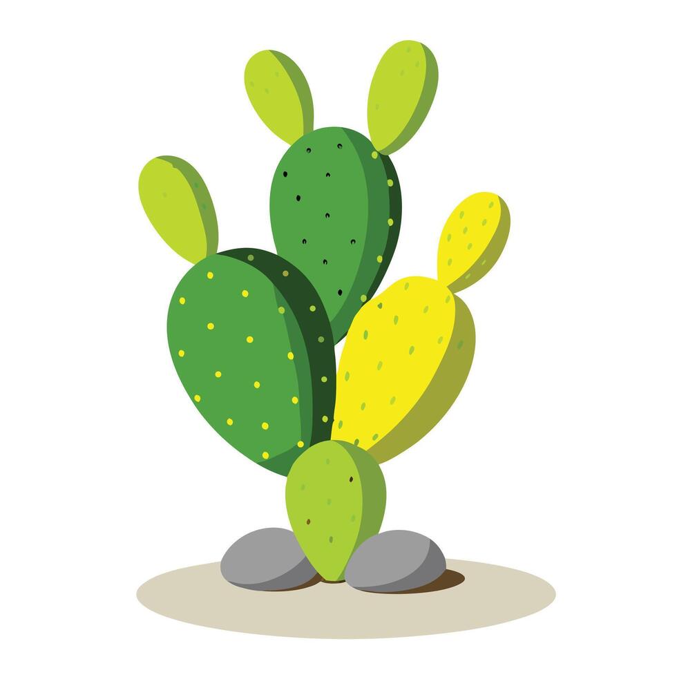 Stylized Prickly Pear Cactus Illustration with Gray Stones and Natural Color Palette vector