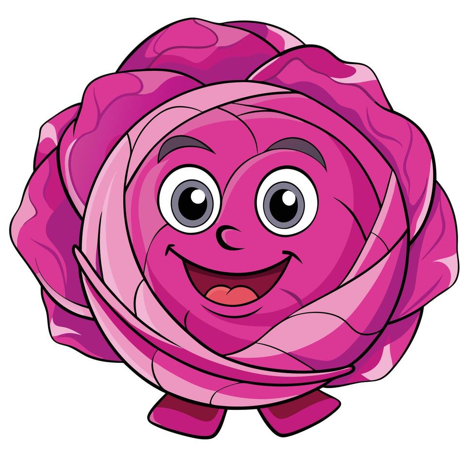Cheerful Cartoon Red Cabbage Character with Smiling Face on a White Background vector