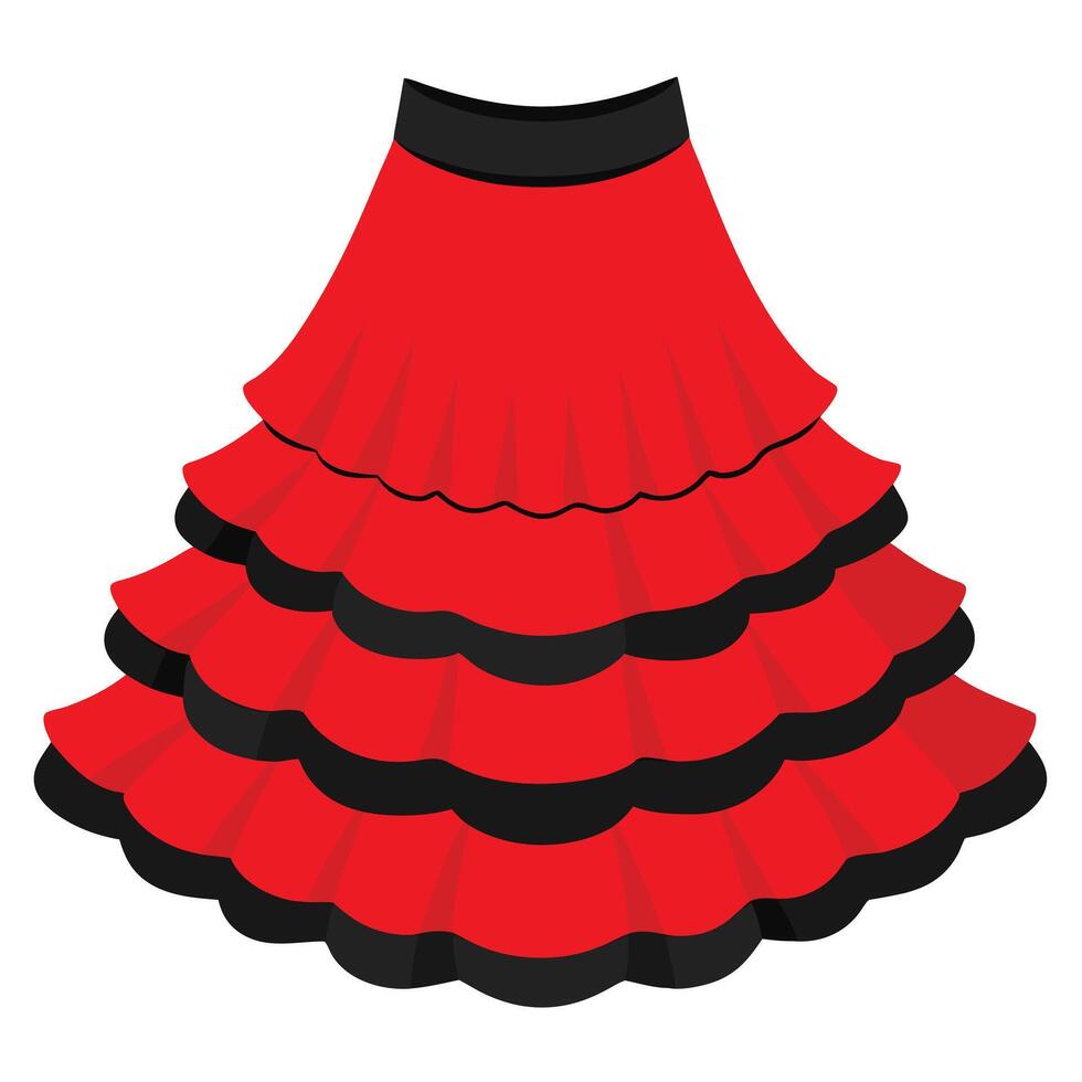 Ruffled Red Flamenco Skirt with Black Trim, Traditional Spanish Dance Apparel Isolated vector