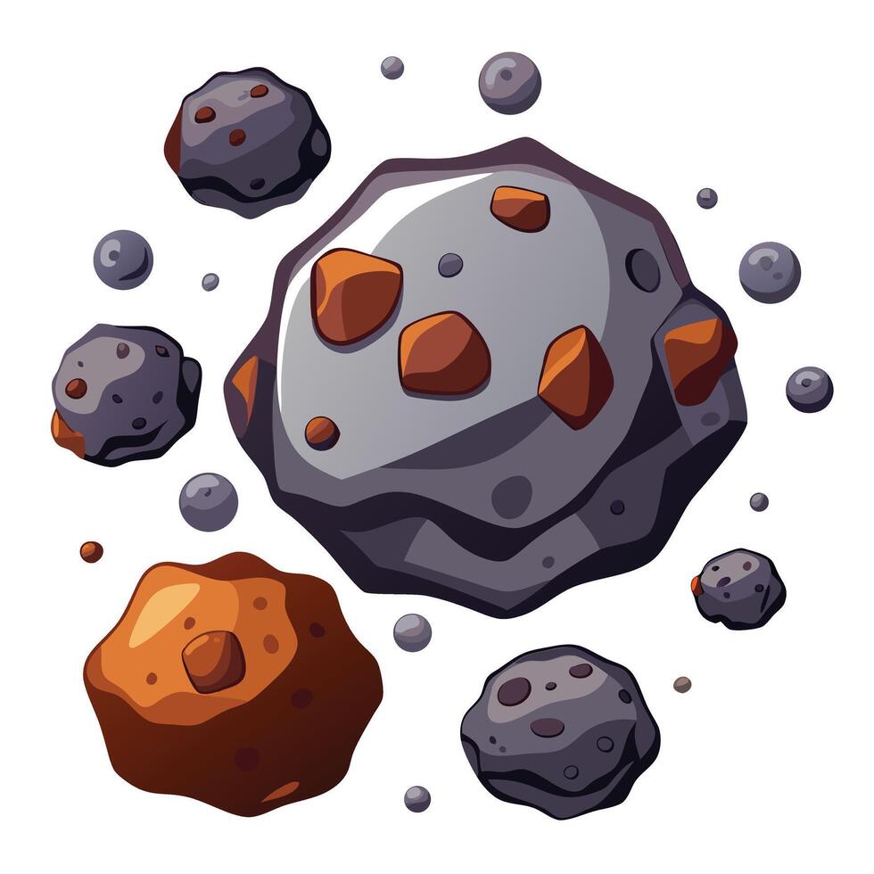 Cartoon Asteroids Floating in Space, Isolated Cosmic Debris on White Background Illustration vector
