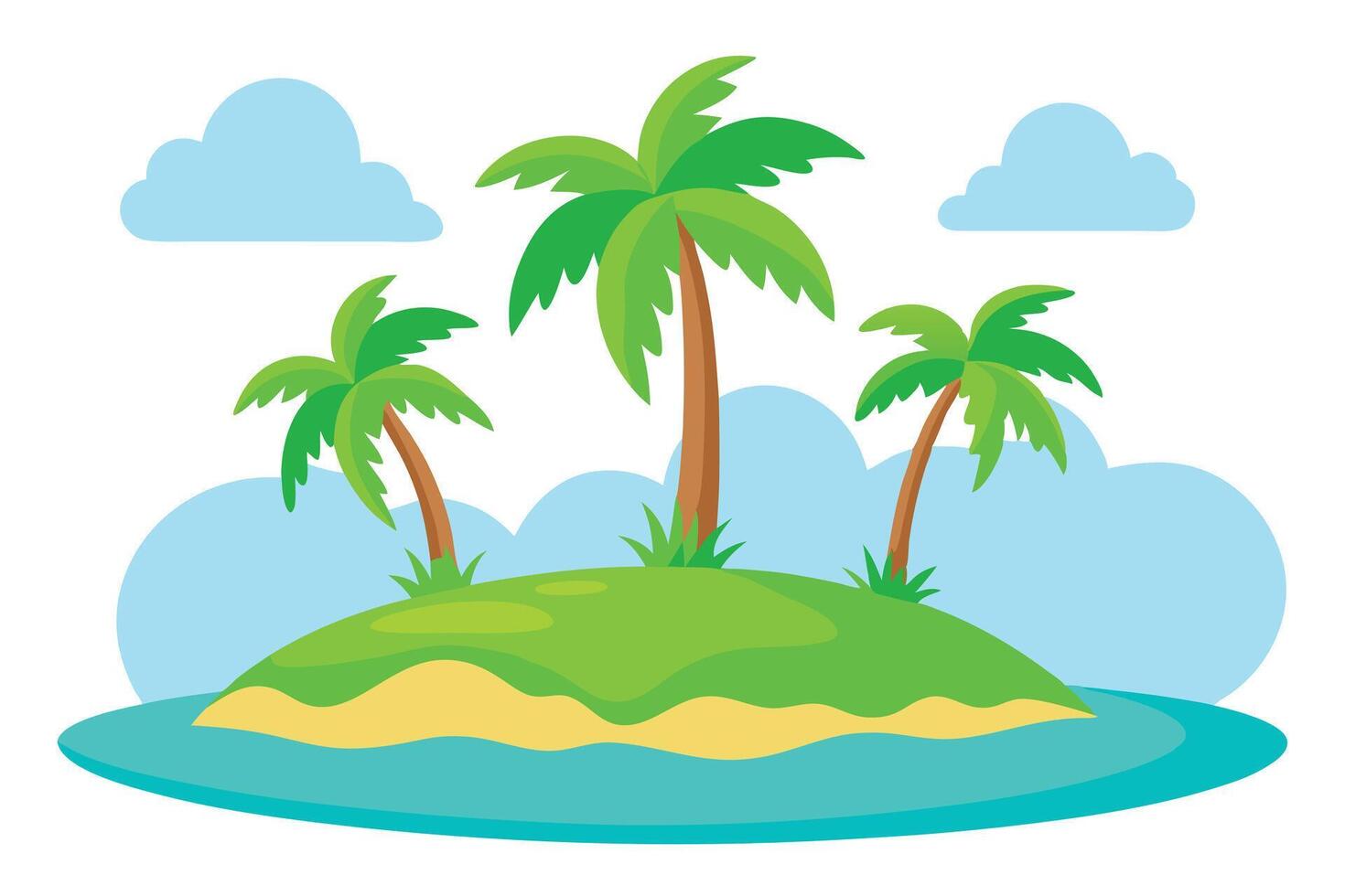 Cartoon Tropical Island with Palm Trees and Ocean Waves, Under Cloudy Sky vector