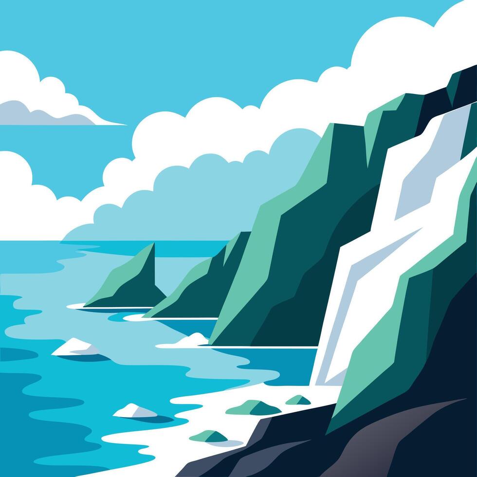 Coastal Cliff Landscape Stylized Art of Turquoise Ocean and Lush Green Cliffs vector