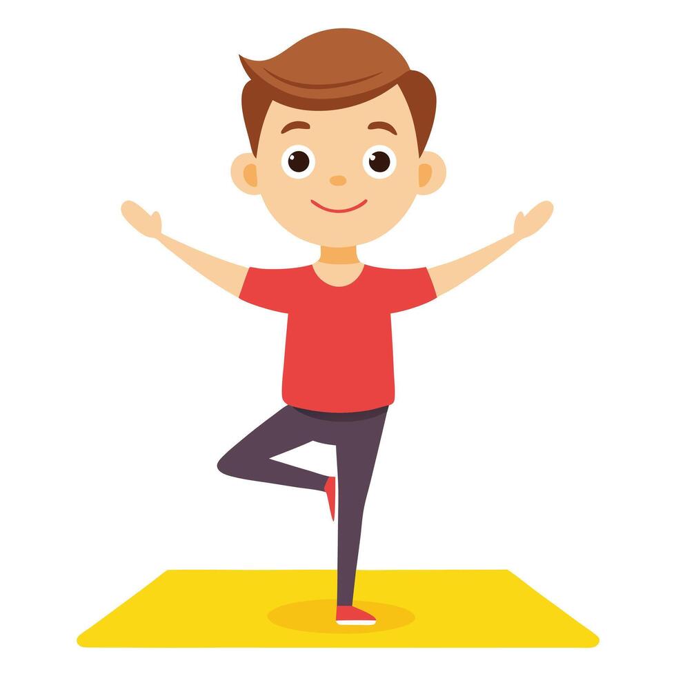 Boy Practicing Yoga Tree Pose on Mat for Health and Wellness vector