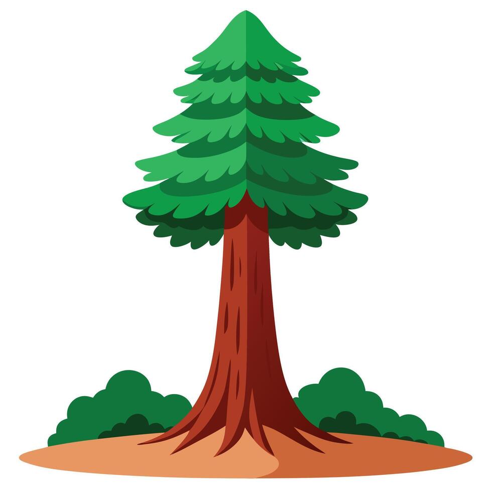 Cartoon Evergreen Tree with Green Bushes on Brown Ground Design vector