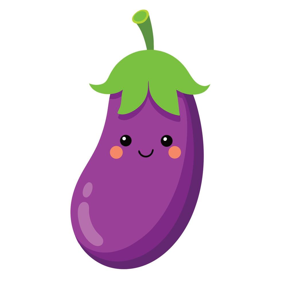 Cute Cartoon Eggplant Illustration with Cheeks and Smile Isolated on White vector