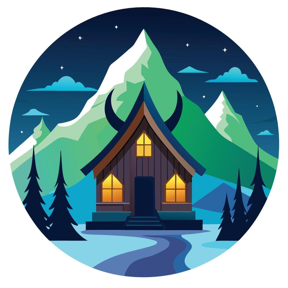 Cozy Cabin with Horns in Mountain Landscape under Starry Sky, Winter vector