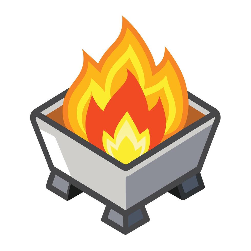 Burning Fire in Isometric Metal Pit, Warm Orange and Yellow Flames Icon vector