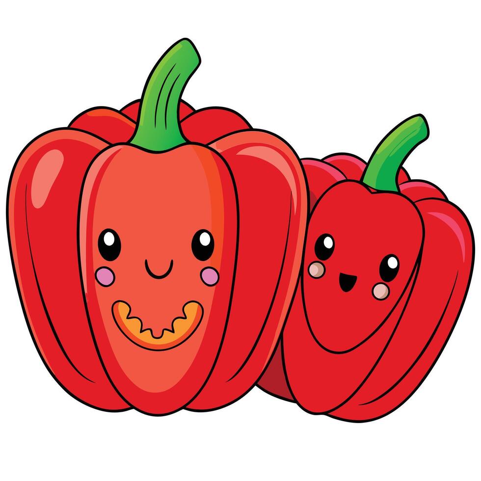 Two Smiling Cartoon Red Bell Peppers Illustration Isolated on White Background, Vegetable Art vector