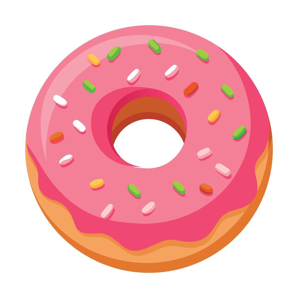 Cartoon Donut with Pink Frosting and Colorful Sprinkles Illustration, Delicious Dessert vector