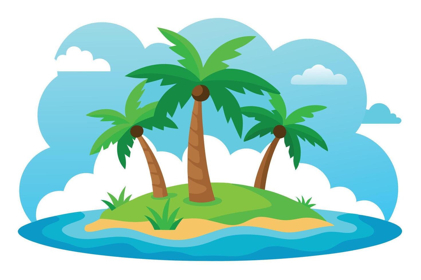 Illustrated Tropical Island with Palm Trees, Sandy Beach, and Blue Sky Backdrop vector