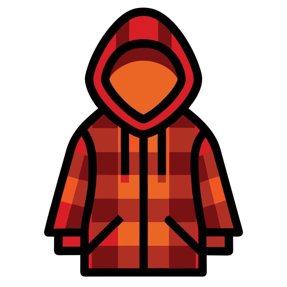 Illustrated Red and Orange Plaid Hooded Jacket, Warm and Stylish Outerwear Design vector