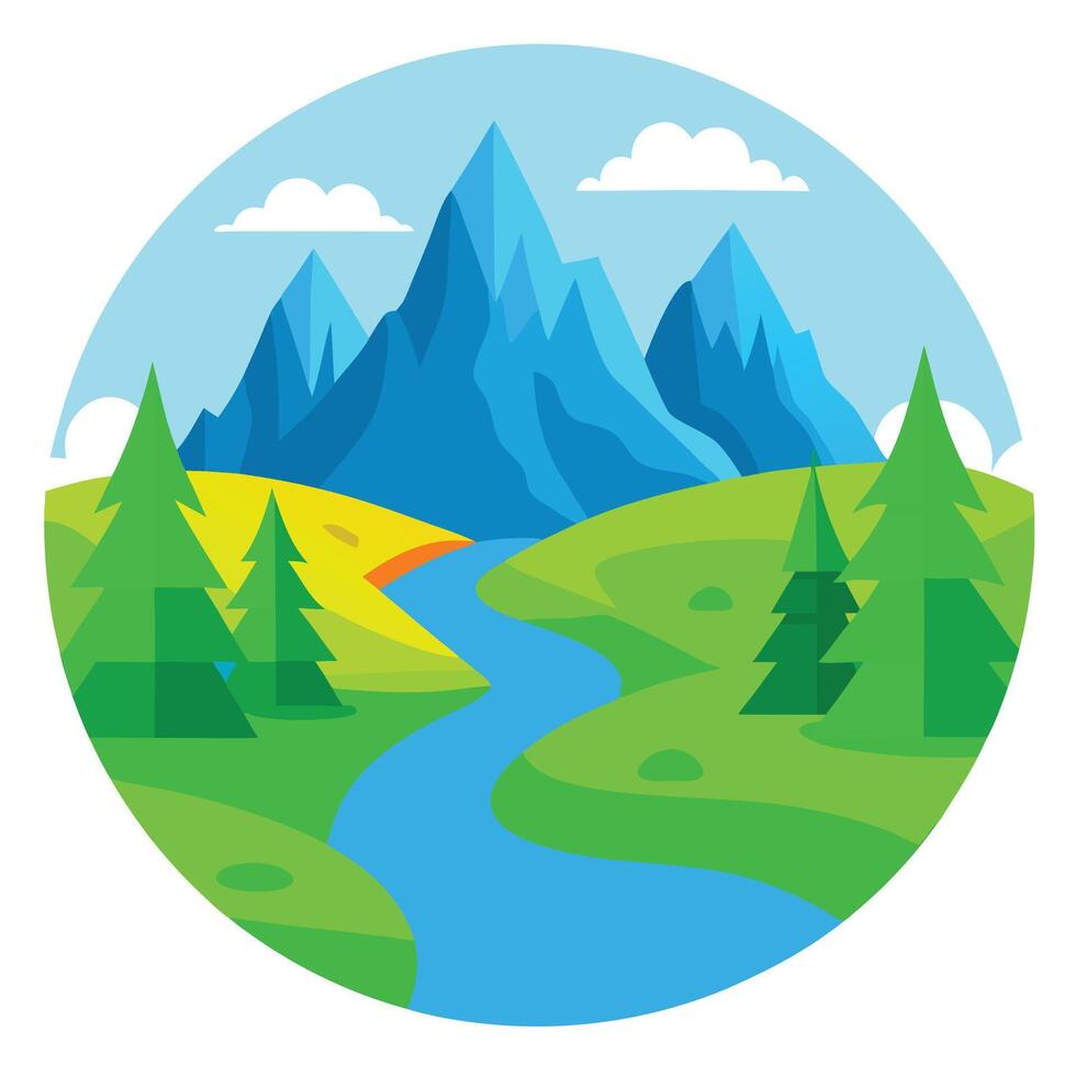 Cartoon Landscape Mountains, River, Trees, and Sky in a Circular Art vector