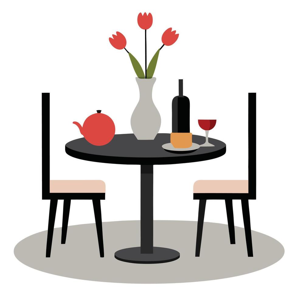 Stylized Dining Table with Red Tulips, Wine, and Orange Teapot vector