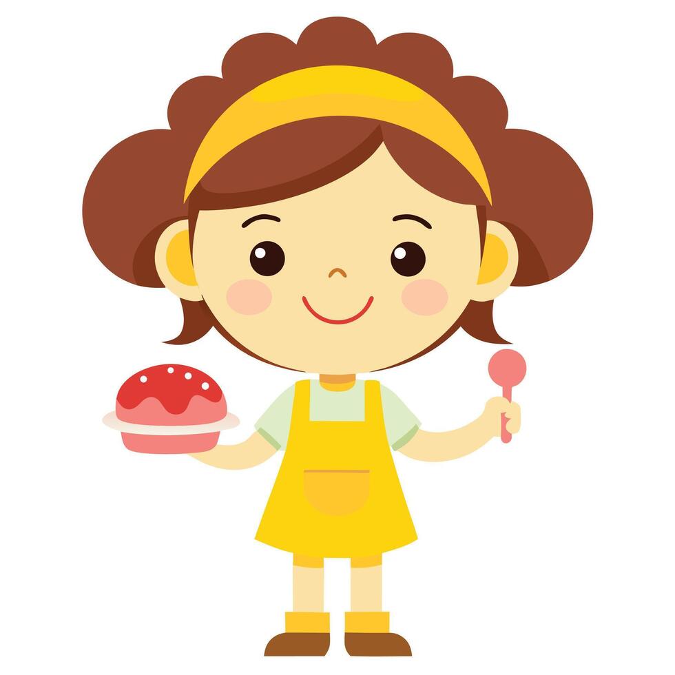 Cartoon Girl in Yellow Apron Holding Cake and Spoon on White Background vector