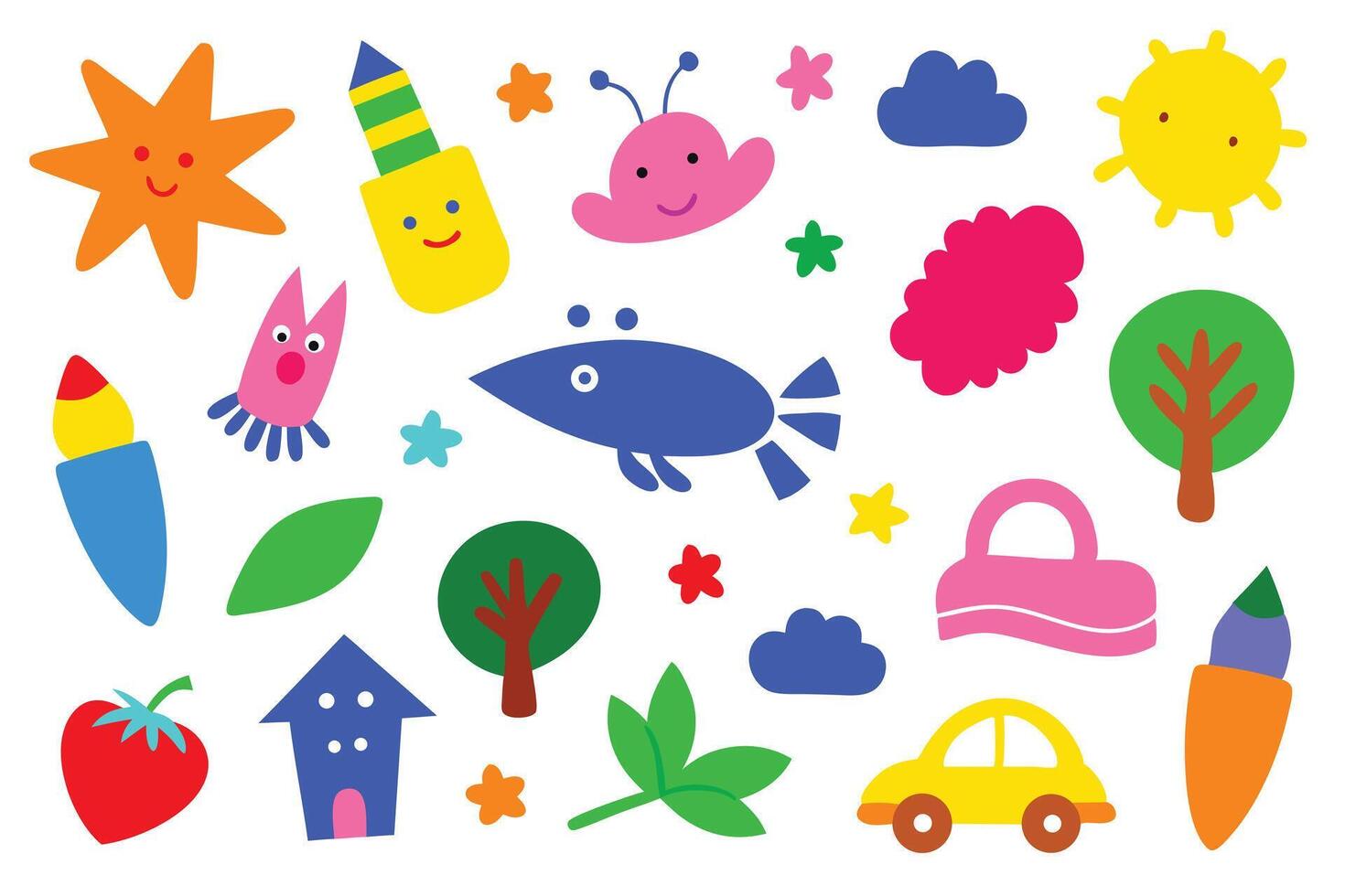 Colorful Cartoon Graphics Star, Fish, Car, Butterfly, and More on White Background vector