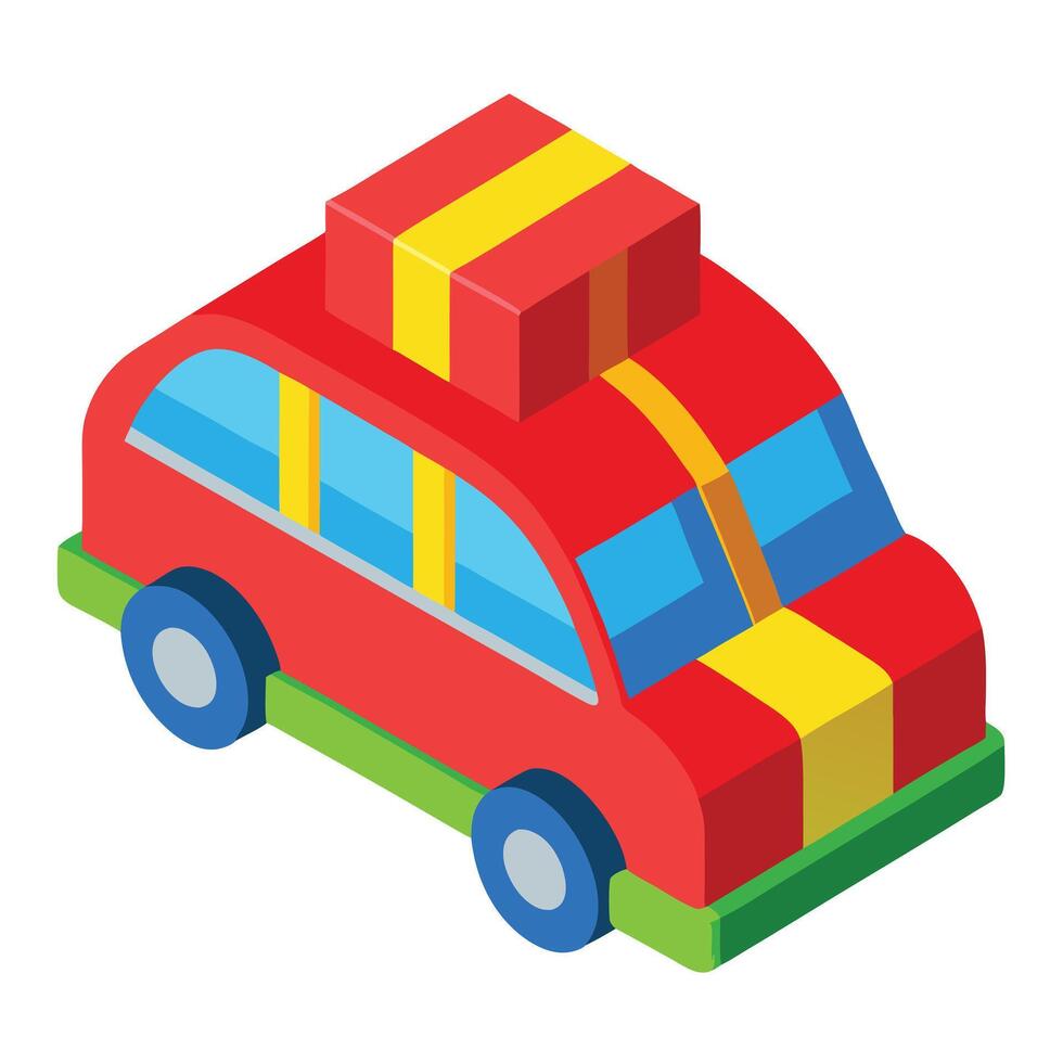 Isometric Red Toy Car with Blue Wheels Carrying a Gift Wrapped in Yellow Ribbon vector