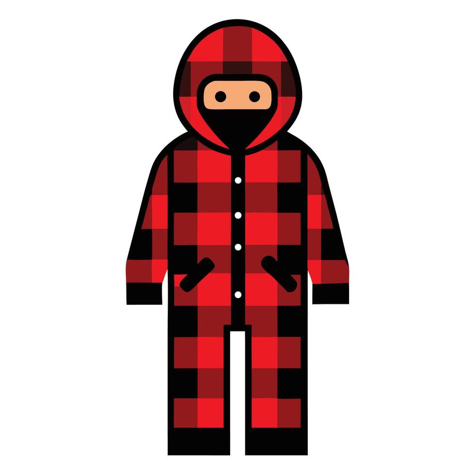 Cartoon Ninja in Red and Black Plaid Onesie Costume with Hood and Buttons vector