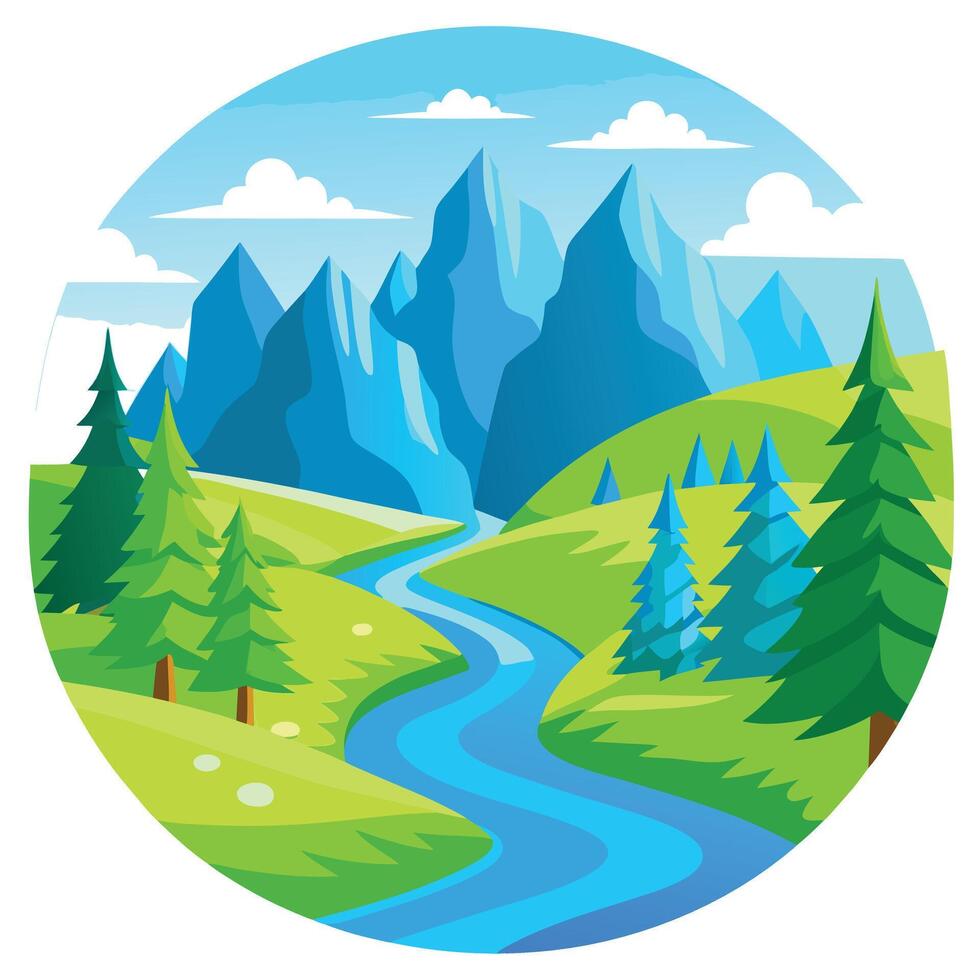 Serene Mountain Landscape with River, Green Hills and Trees in Circular vector