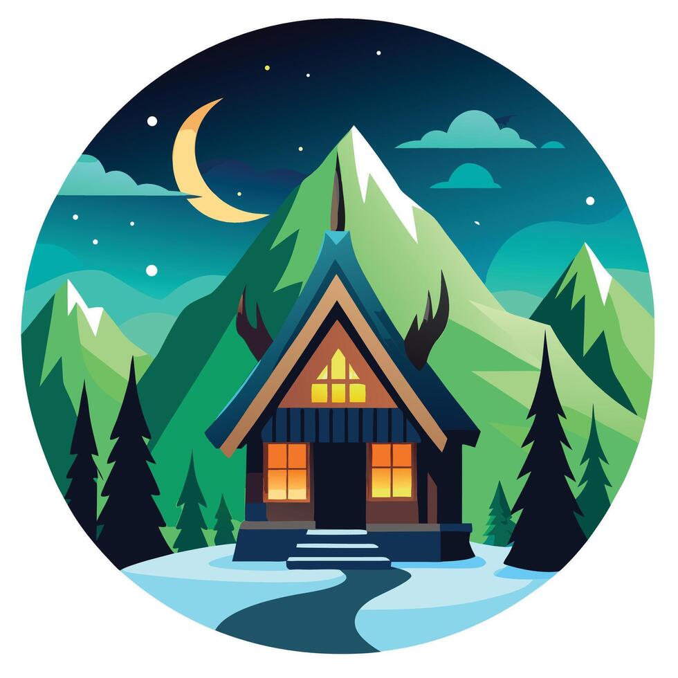 Cozy Cabin Under Crescent Moon A Winter Night Mountain Escape Illustration vector