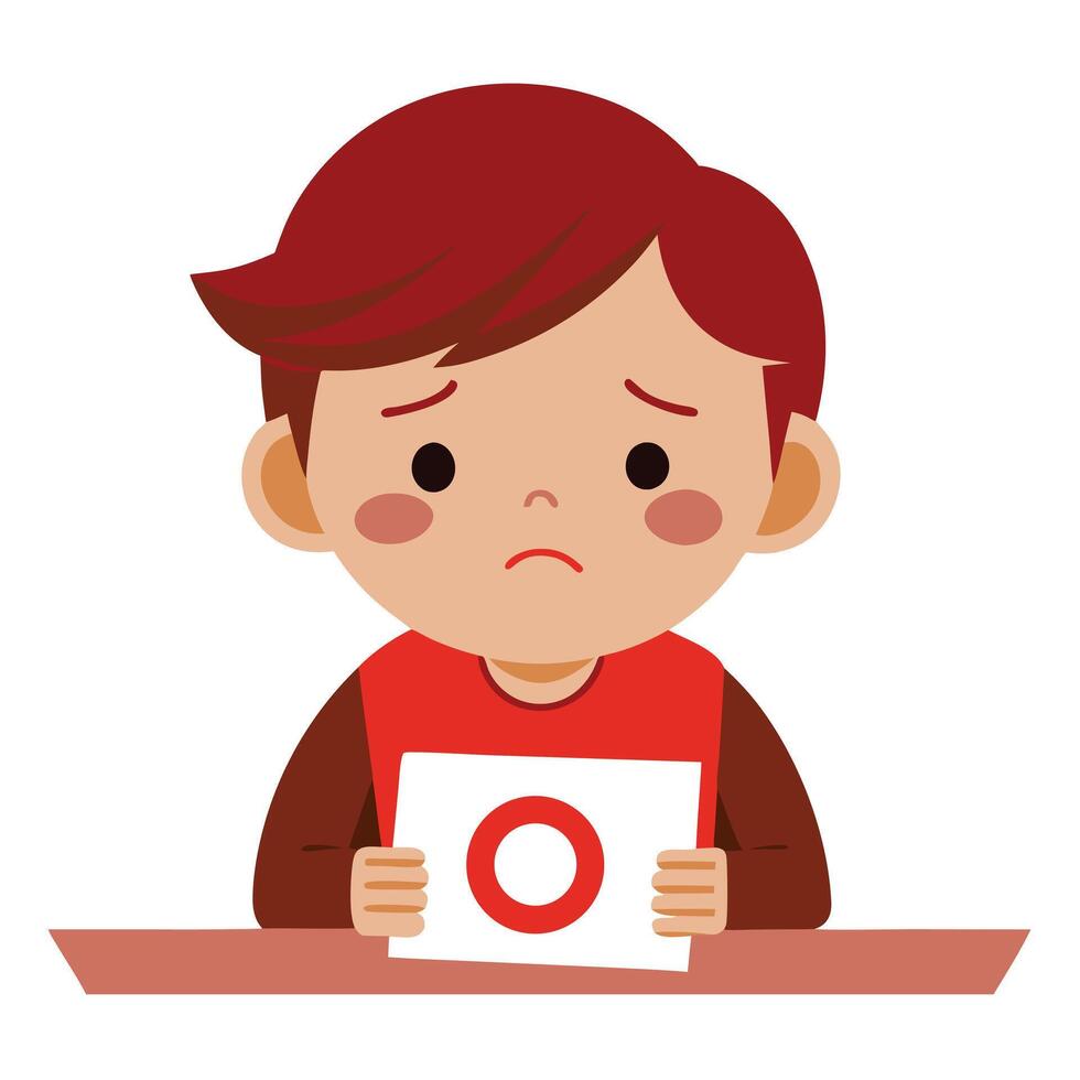 Sad Boy Holding Paper with Red Circle, Brown Hair and Table Top vector