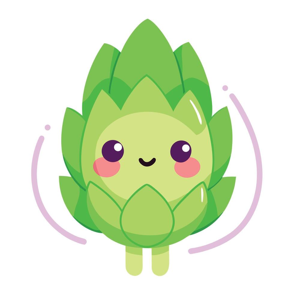 Adorable Green Artichoke Character with Rosy Cheeks and Playful Purple Accents vector