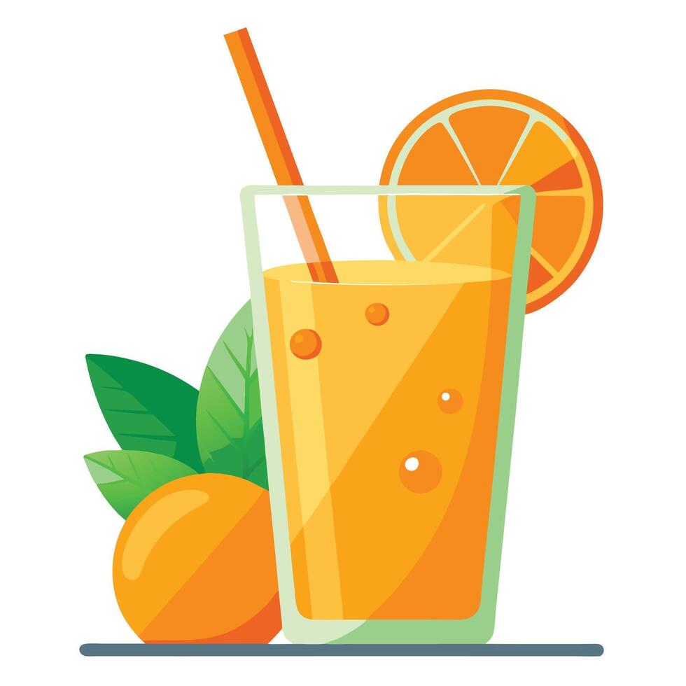 Fresh Orange Juice in Glass with Straw, Slice, and Leaves Illustration vector