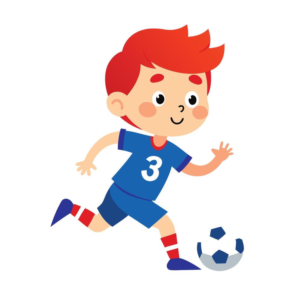 Boy With Red Hair Playing Soccer, Wearing Blue Jersey With Number 3 vector