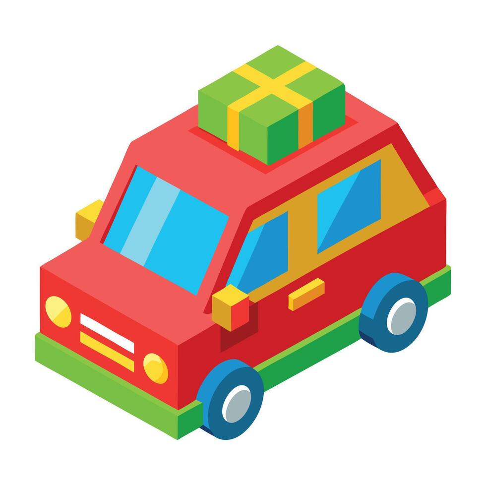 Isometric Red Toy Car with Green Gift on Top, Blue Wheels vector