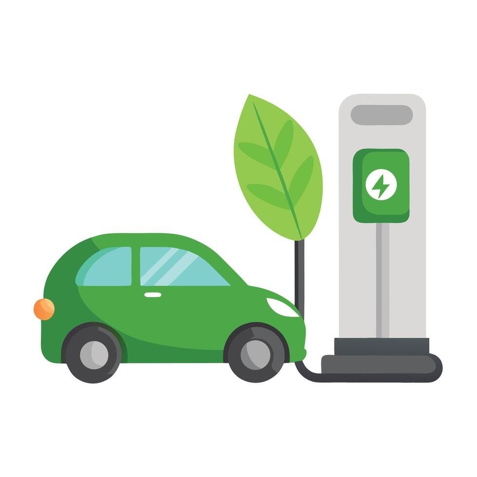 Green Electric Car Connected to a Charging Station with a Leaf Next to It vector