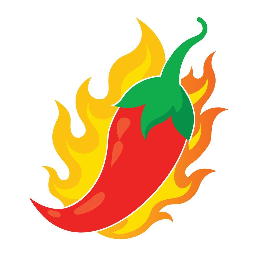 Red Chili Pepper Surrounded by Flames, Food Art Illustration, Heat Concept vector