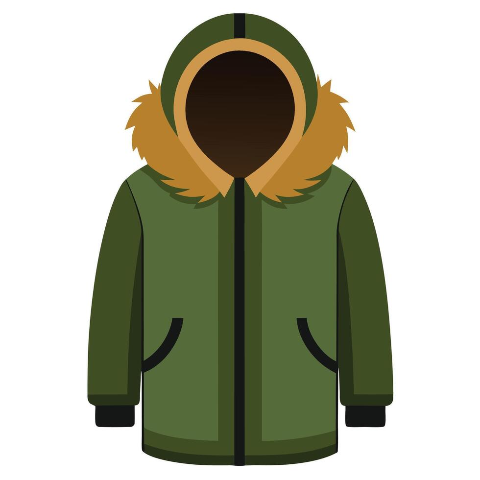 Stylish Green Winter Parka with FurLined Hood, Flat Design Isolated on White vector