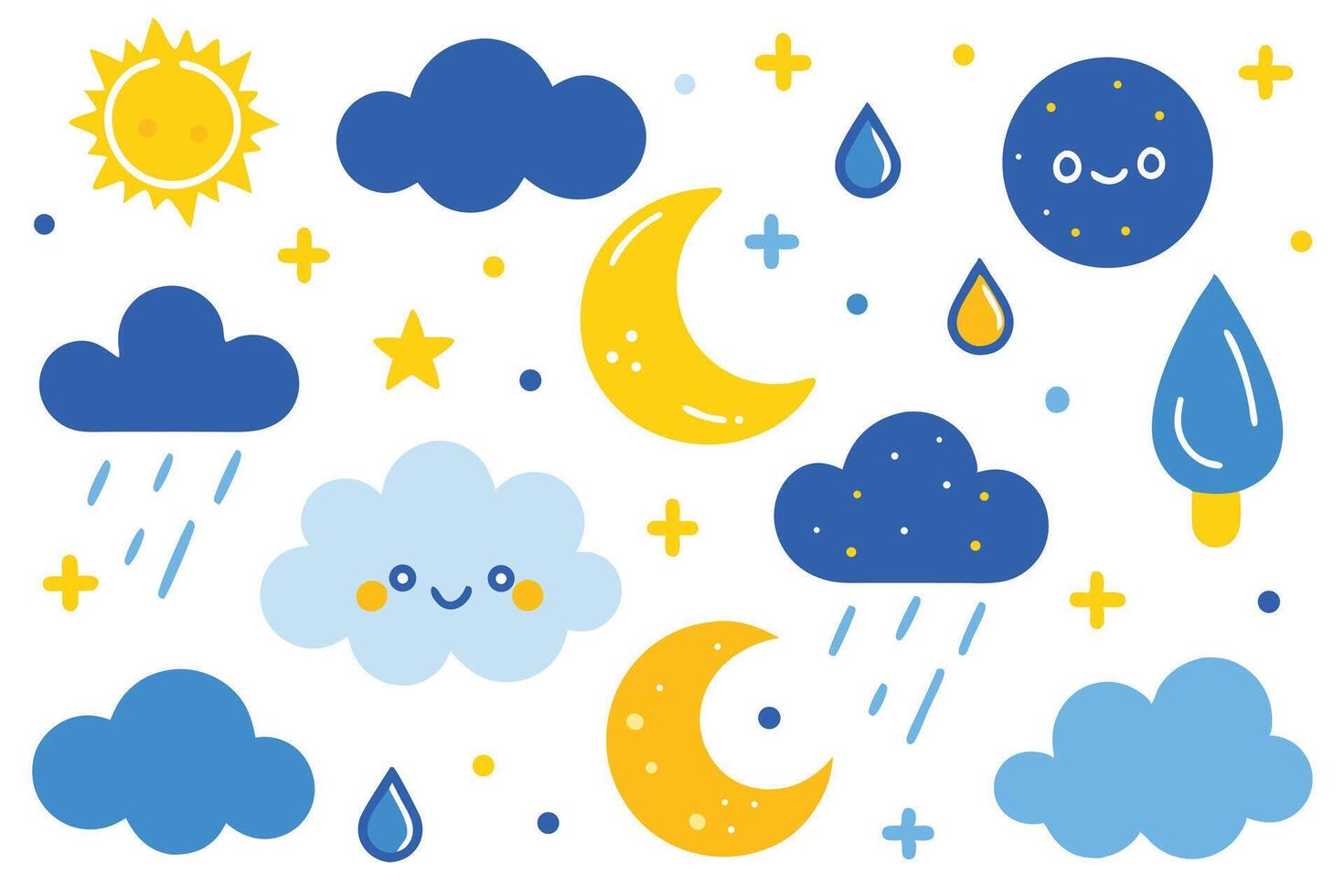 Weather Icons Sun, Moon, Clouds, and Raindrops in Yellow and Blue Style vector