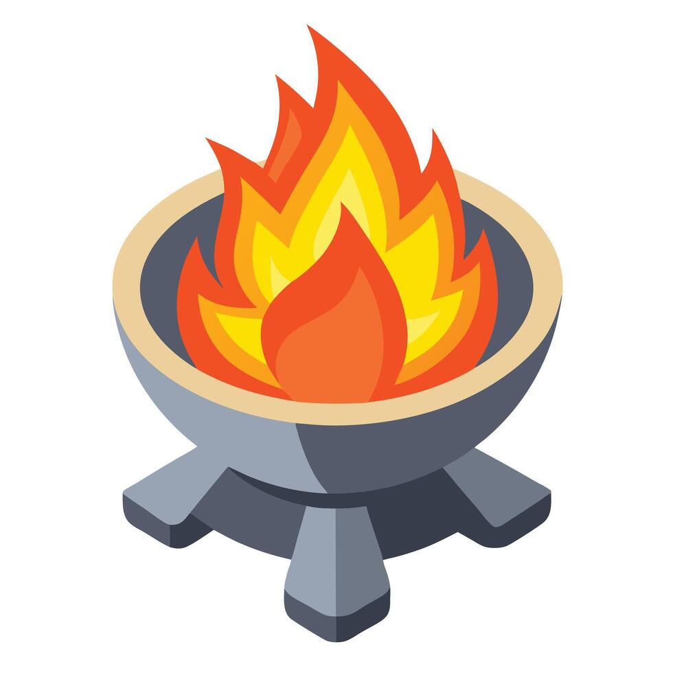 Stylized Fire Pit with Orange and Yellow Flames in a Gray Bowl vector