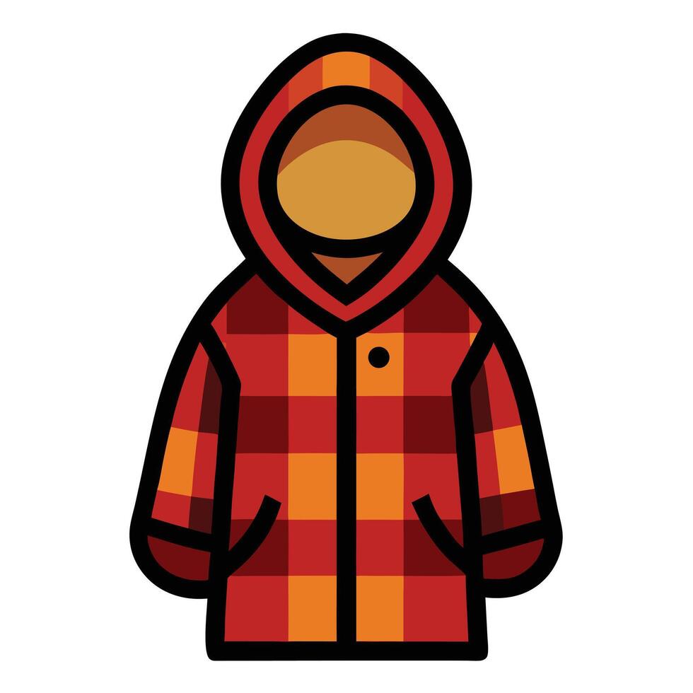 Cartoon Hooded Raincoat Featuring Orange and Red Plaid Pattern, Black Outline vector