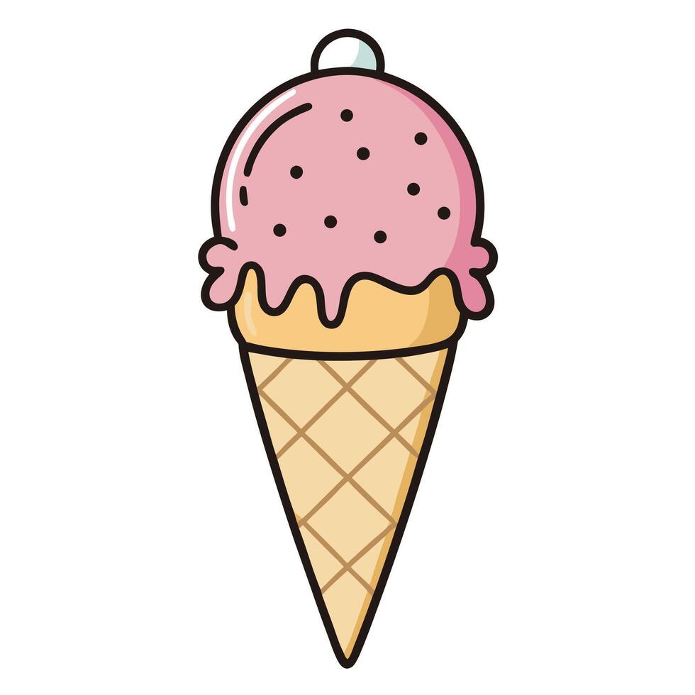 Cartoon Pink Ice Cream Cone Summer Treat with Sprinkles and Waffle Texture vector